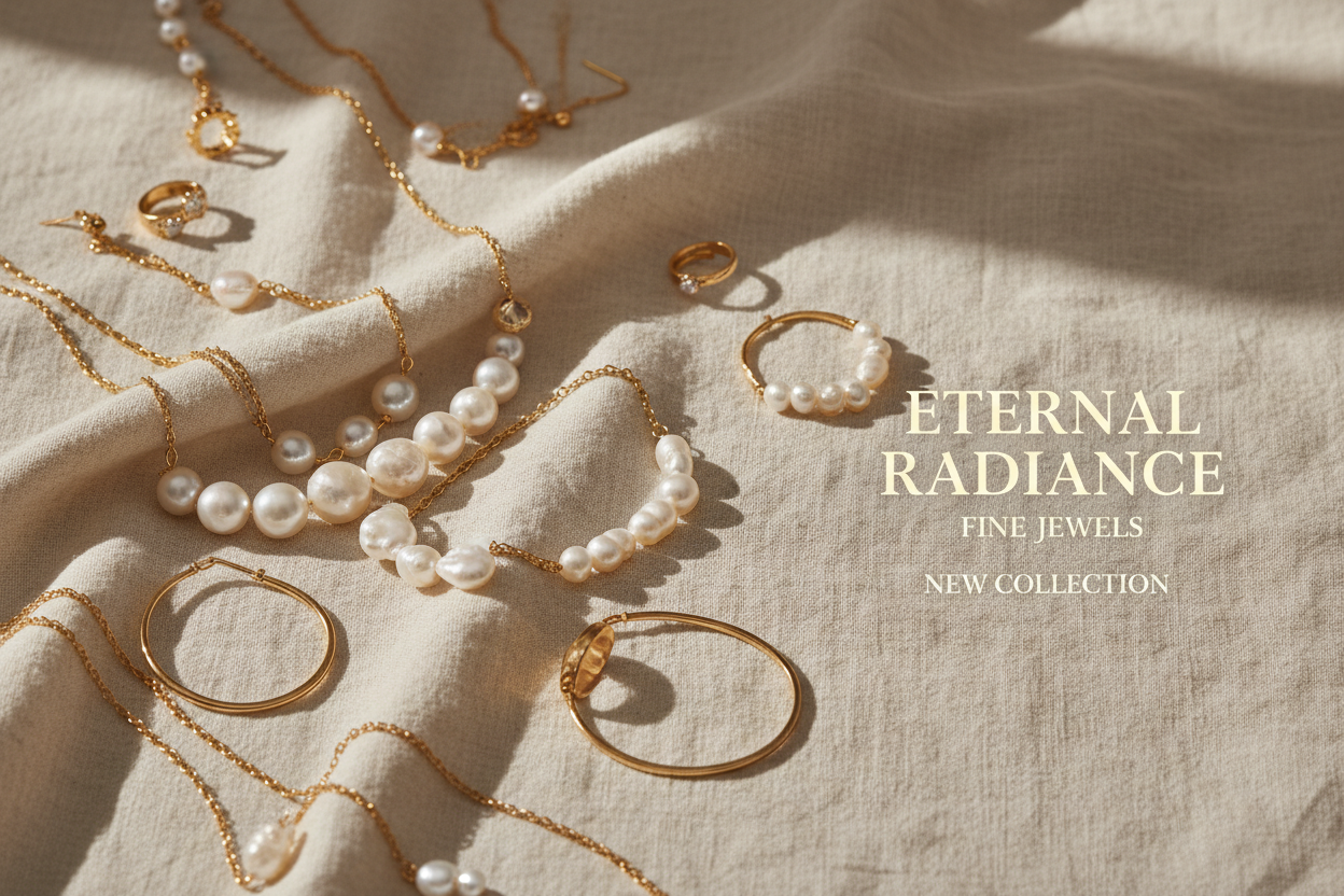 A luxury jewelry brand homepage banner featuring gold and pearl pieces on a creamy linen background, soft natural light, minimalist layout with negative space, elegant serif typography placement area, warm beige and ivory tones, modern high-end boutique aesthetic, editorial photography style, subtle shadow details, cinematic composition