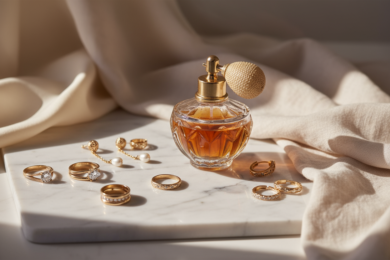 A sophisticated jewelry still life featuring gold rings, earrings, and a vintage perfume bottle on a marble surface, warm soft light, neutral beige and ivory color palette, artistic composition, delicate fabric folds, luxury fashion magazine aesthetic, subtle depth of field, serene and feminine atmosphere